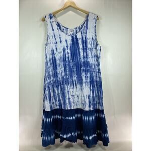 Krista Lee Navy Blue White Tie Dyed Tiered Newport Sleeveless Dress Women's XL